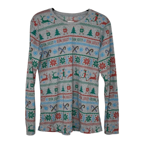 Brooks Tops - Brooks Long Sleeve Shirt Medium Grey Holiday Run Jolly Reindeer Elf 221365